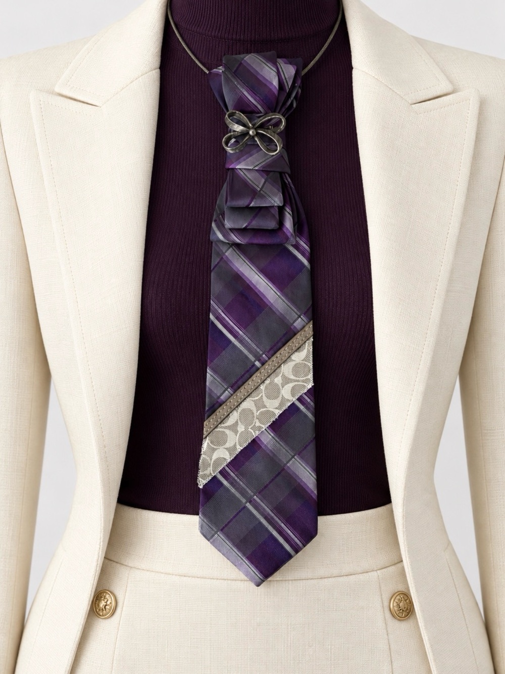 Upcycled Purple Plaid Necktie Necklace | Vintage Brooch & Coach Canvas Empowered